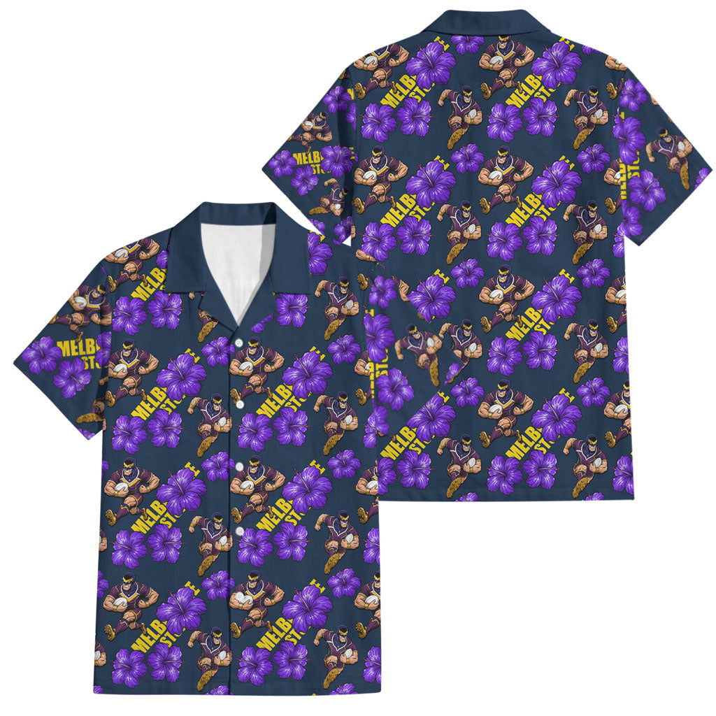 Melbourne Storm Family Matching Short Sleeve Bodycon Dress and Hawaiian Shirt Tropical Hibiscus Floral Seamless Rugby Mascot