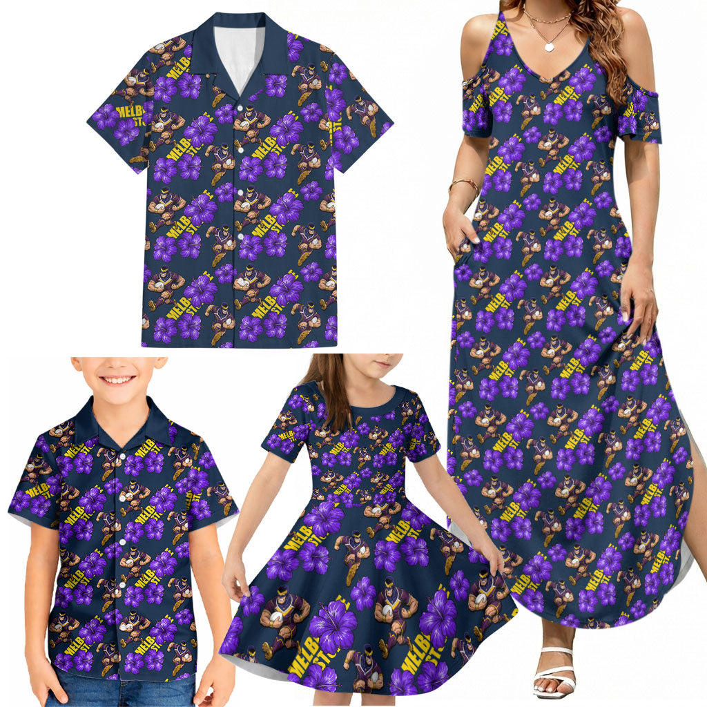 Melbourne Storm Family Matching Summer Maxi Dress and Hawaiian Shirt Tropical Hibiscus Floral Seamless Rugby Mascot