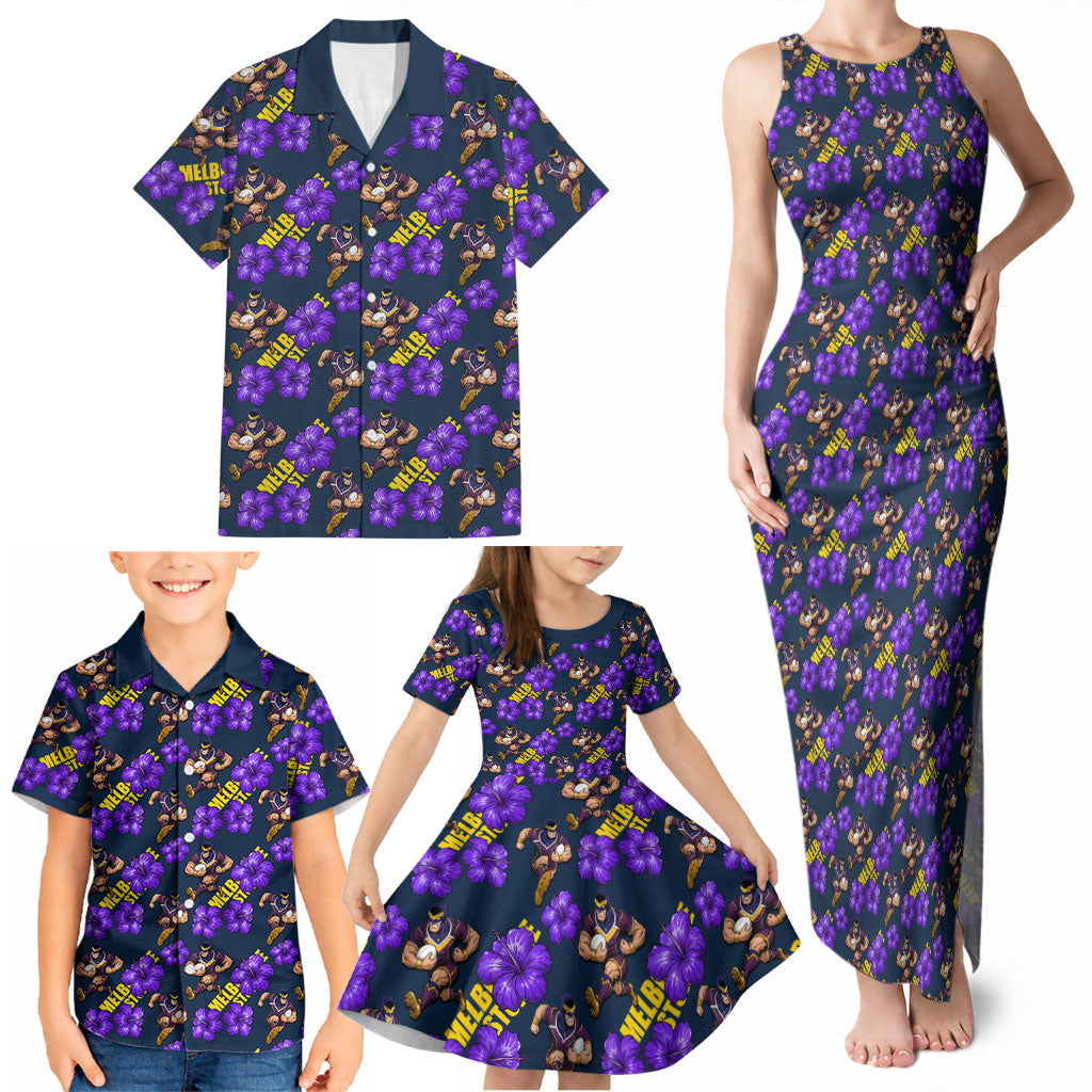 Melbourne Storm Family Matching Tank Maxi Dress and Hawaiian Shirt Tropical Hibiscus Floral Seamless Rugby Mascot