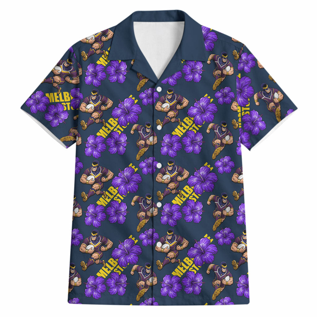 Melbourne Storm Hawaiian Shirt Tropical Hibiscus Floral Seamless Rugby Mascot
