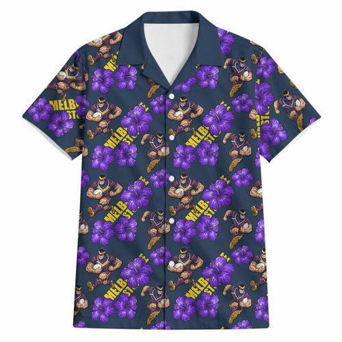 Melbourne Storm Hawaiian Shirt Tropical Hibiscus Floral Seamless Rugby Mascot