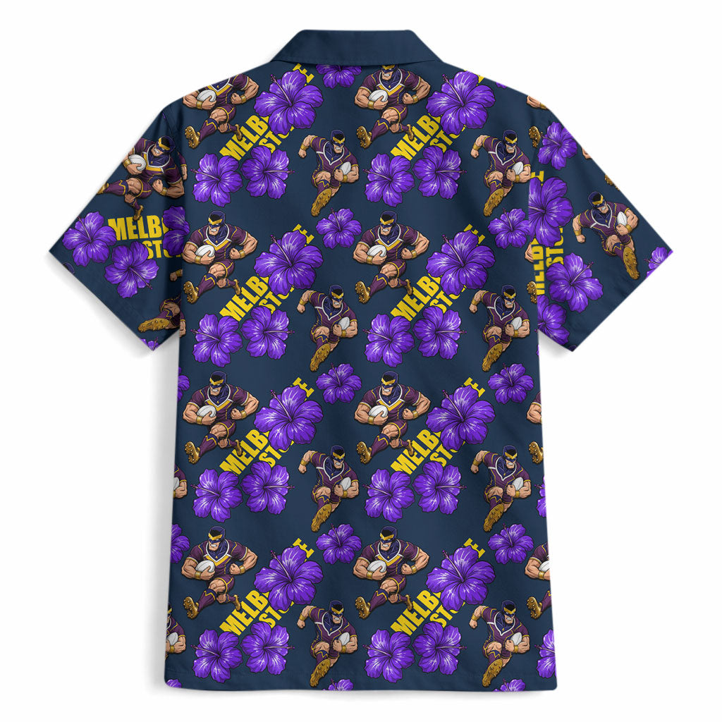 Melbourne Storm Hawaiian Shirt Tropical Hibiscus Floral Seamless Rugby Mascot