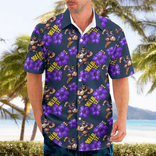 Melbourne Storm Hawaiian Shirt Tropical Hibiscus Floral Seamless Rugby Mascot