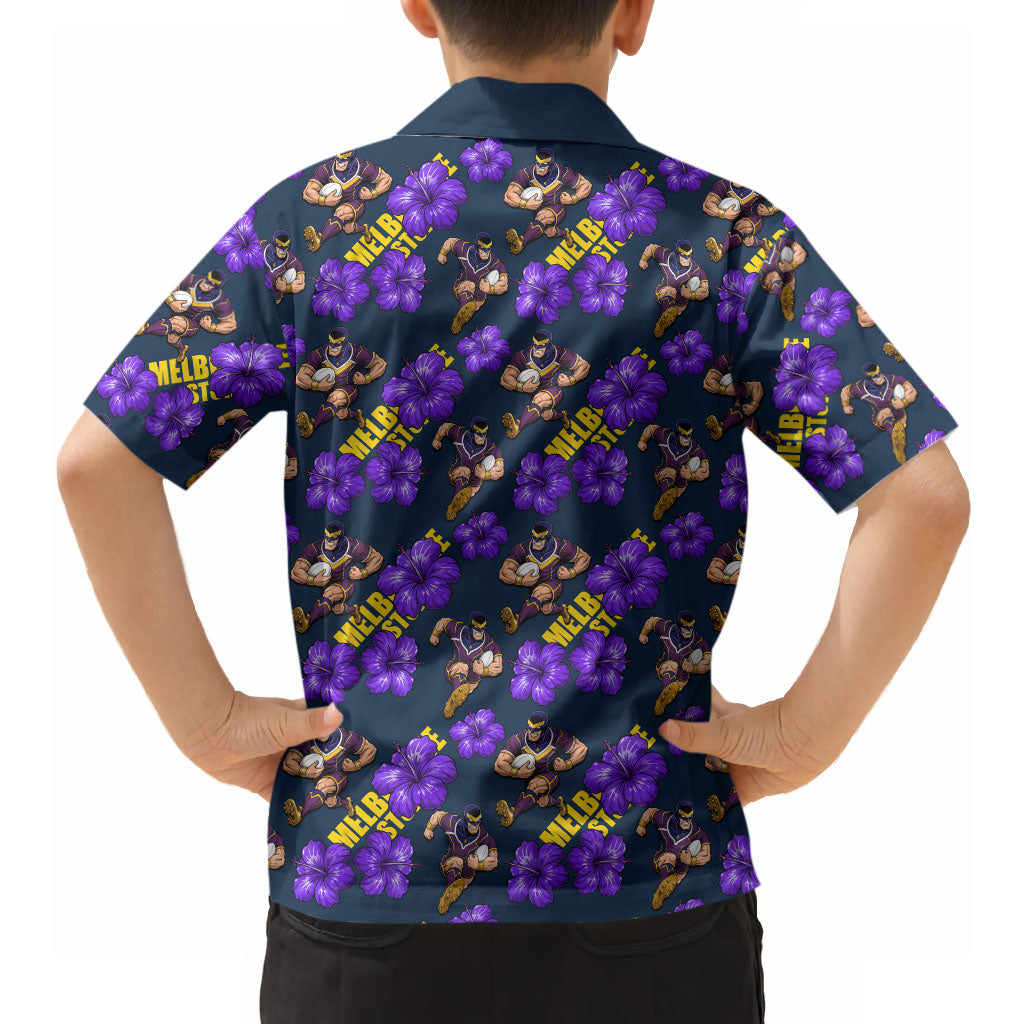 Melbourne Storm Hawaiian Shirt Tropical Hibiscus Floral Seamless Rugby Mascot