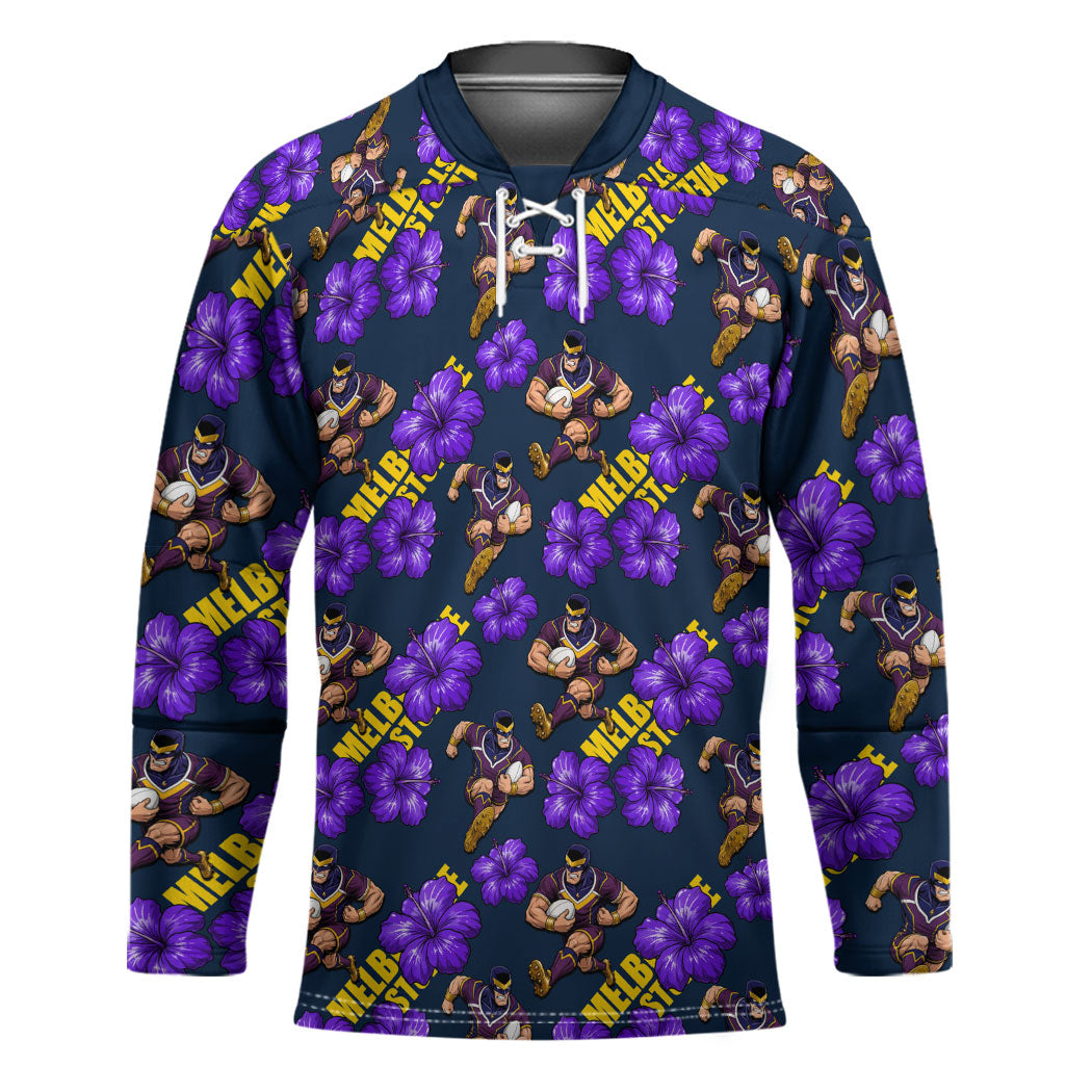 Melbourne Storm Hockey Jersey Tropical Hibiscus Floral Seamless Rugby Mascot