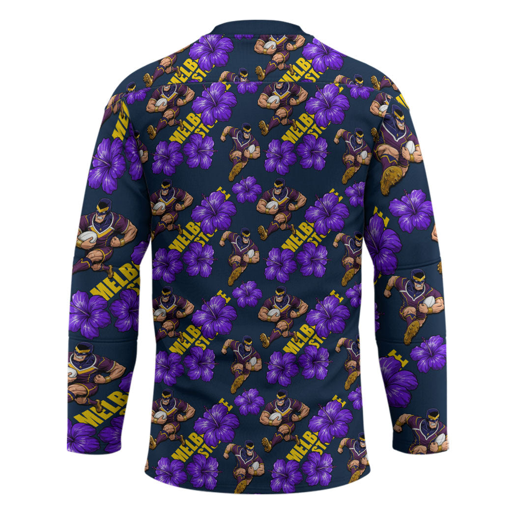 Melbourne Storm Hockey Jersey Tropical Hibiscus Floral Seamless Rugby Mascot