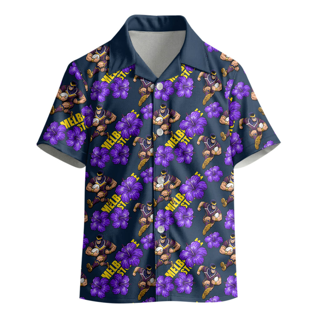 Melbourne Storm Kid Hawaiian Shirt Tropical Hibiscus Floral Seamless Rugby Mascot