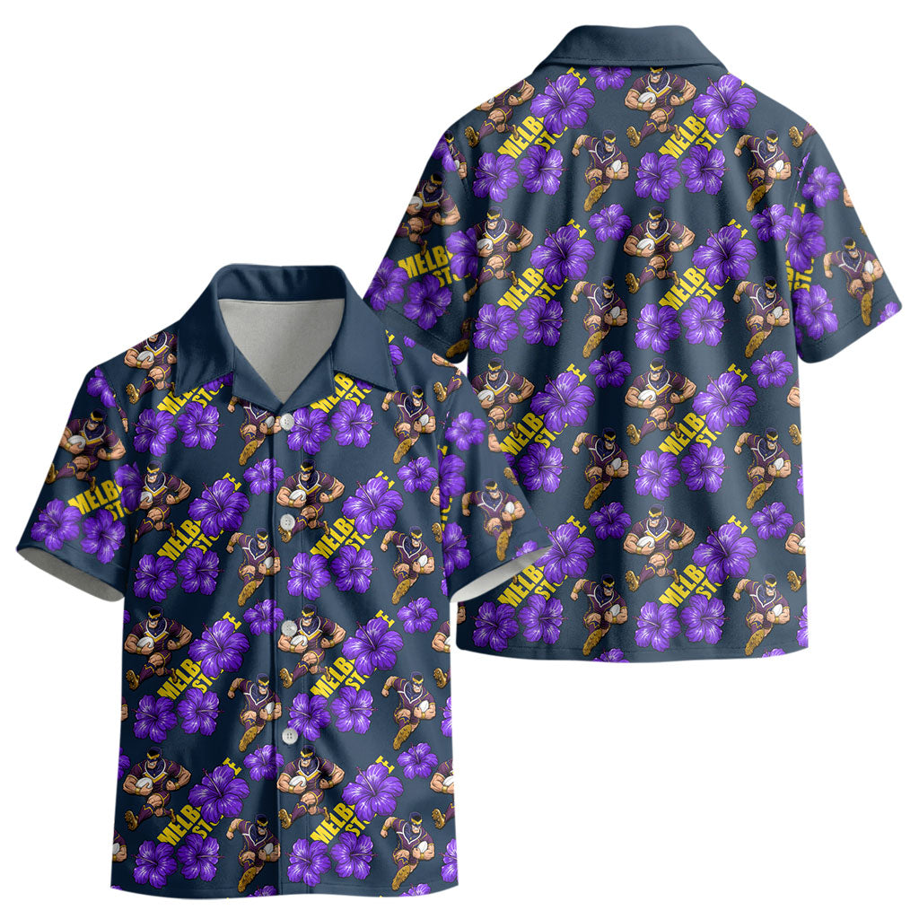 Melbourne Storm Kid Hawaiian Shirt Tropical Hibiscus Floral Seamless Rugby Mascot