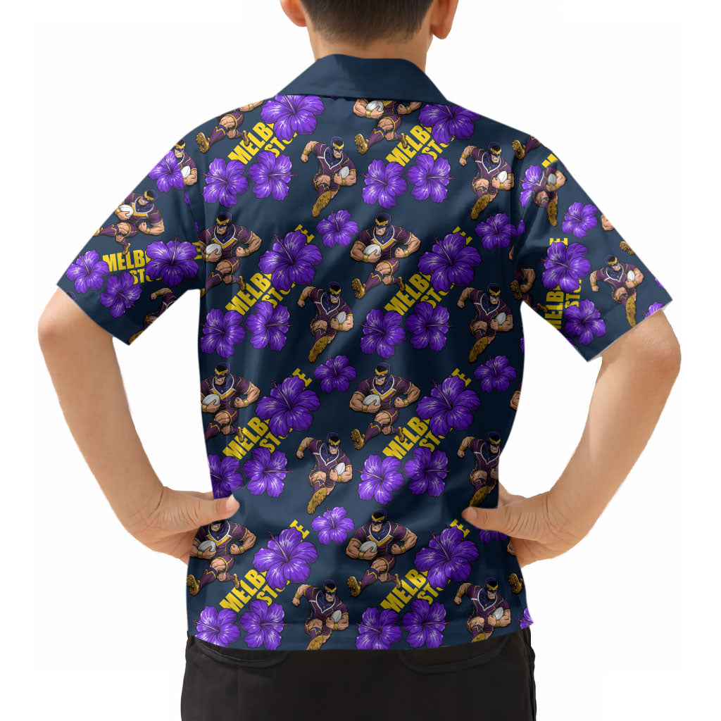 Melbourne Storm Kid Hawaiian Shirt Tropical Hibiscus Floral Seamless Rugby Mascot