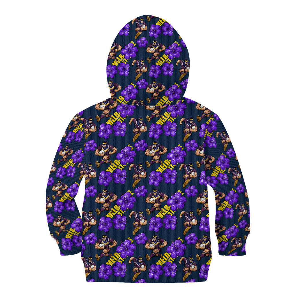 Melbourne Storm Kid Hoodie Tropical Hibiscus Floral Seamless Rugby Mascot