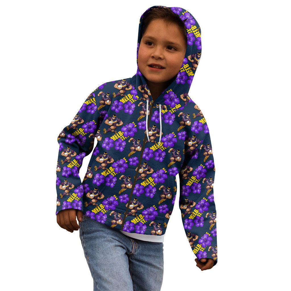 Melbourne Storm Kid Hoodie Tropical Hibiscus Floral Seamless Rugby Mascot