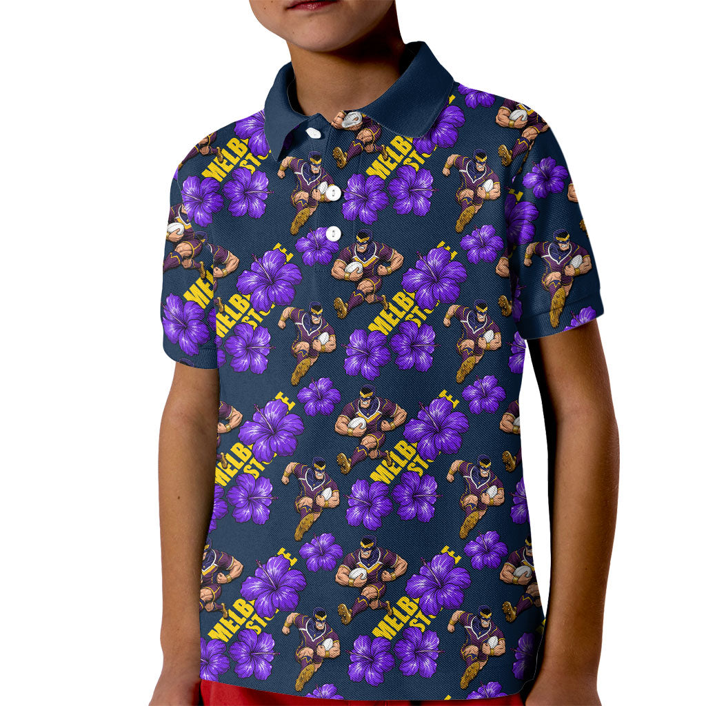 Melbourne Storm Kid Polo Shirt Tropical Hibiscus Floral Seamless Rugby Mascot