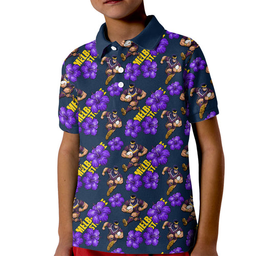 Melbourne Storm Kid Polo Shirt Tropical Hibiscus Floral Seamless Rugby Mascot