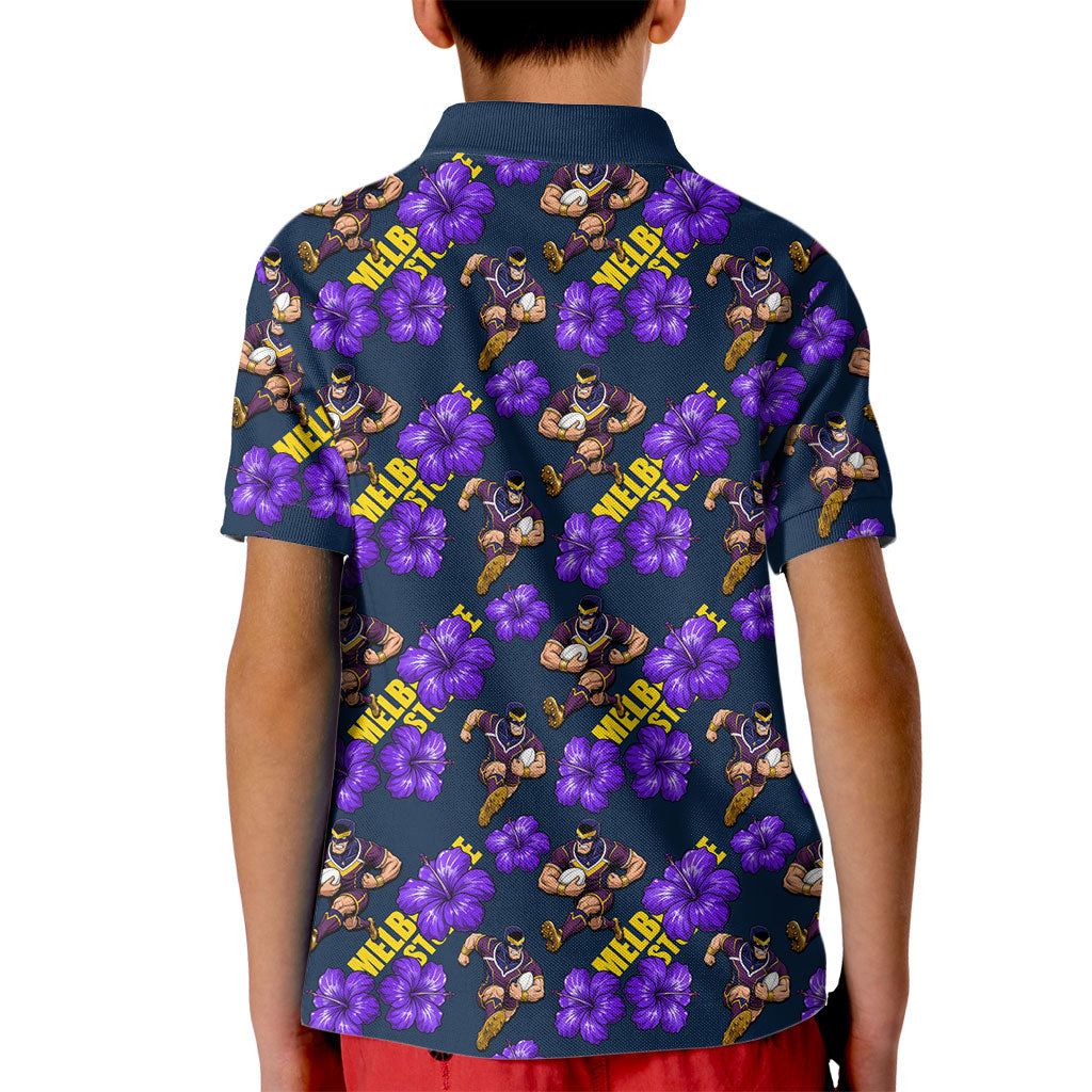 Melbourne Storm Kid Polo Shirt Tropical Hibiscus Floral Seamless Rugby Mascot