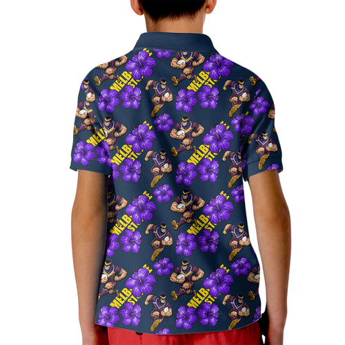 Melbourne Storm Kid Polo Shirt Tropical Hibiscus Floral Seamless Rugby Mascot