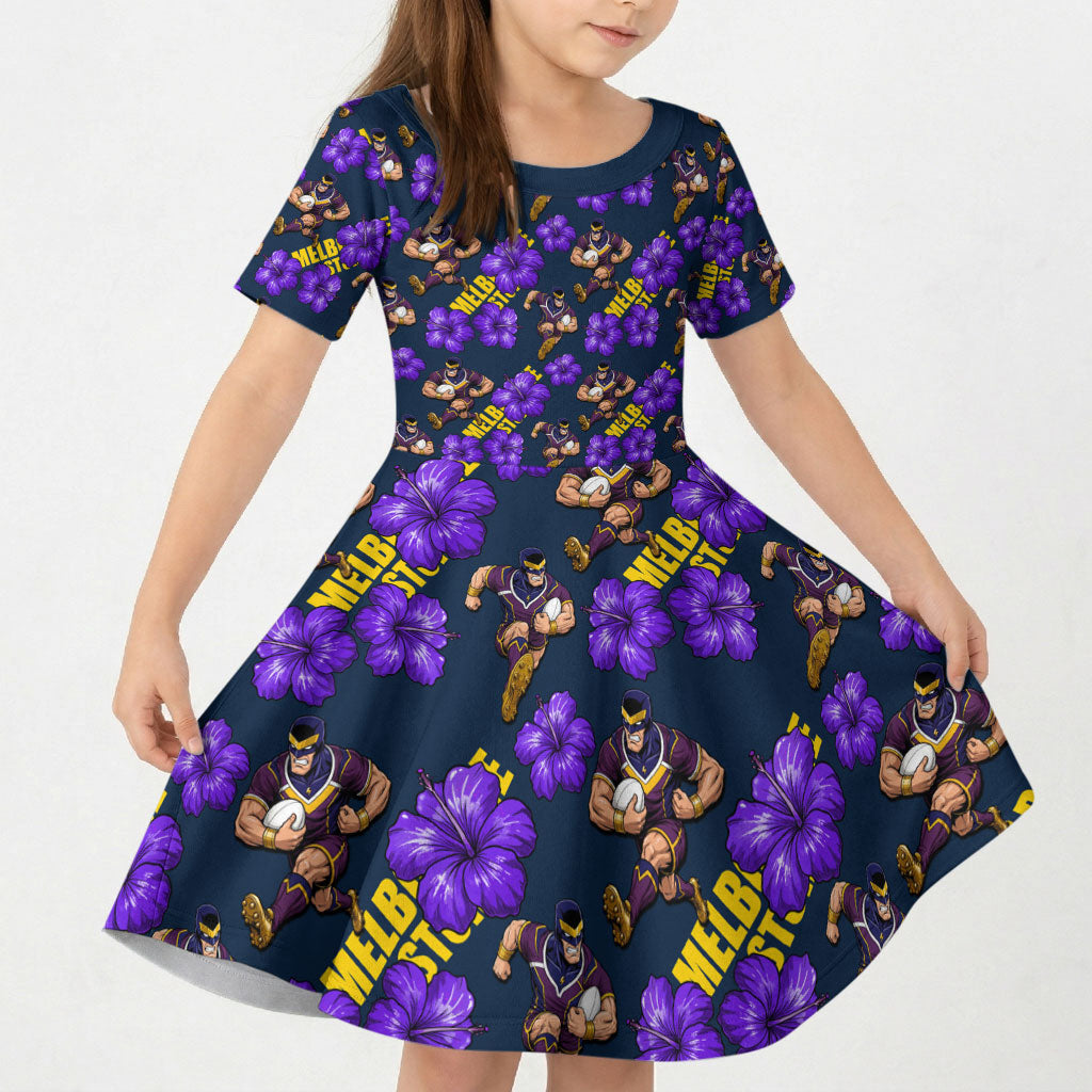 Melbourne Storm Kid Short Sleeve Dress Tropical Hibiscus Floral Seamless Rugby Mascot