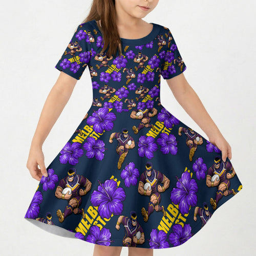 Melbourne Storm Kid Short Sleeve Dress Tropical Hibiscus Floral Seamless Rugby Mascot