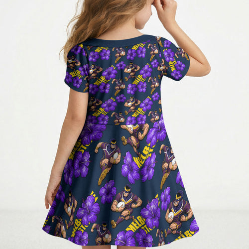 Melbourne Storm Kid Short Sleeve Dress Tropical Hibiscus Floral Seamless Rugby Mascot
