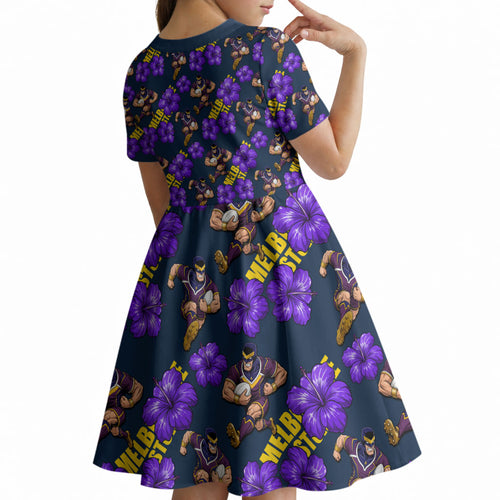 Melbourne Storm Kid Short Sleeve Dress Tropical Hibiscus Floral Seamless Rugby Mascot