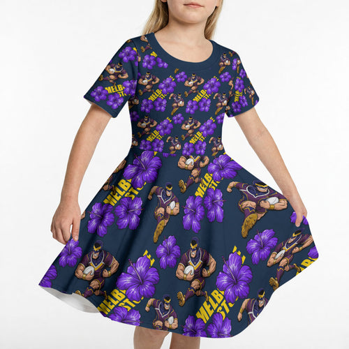 Melbourne Storm Kid Short Sleeve Dress Tropical Hibiscus Floral Seamless Rugby Mascot