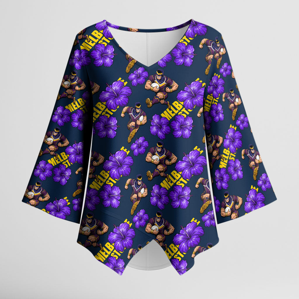 Melbourne Storm Kimono Sleeve Blouse Tropical Hibiscus Floral Seamless Rugby Mascot