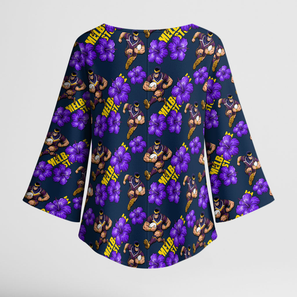 Melbourne Storm Kimono Sleeve Blouse Tropical Hibiscus Floral Seamless Rugby Mascot