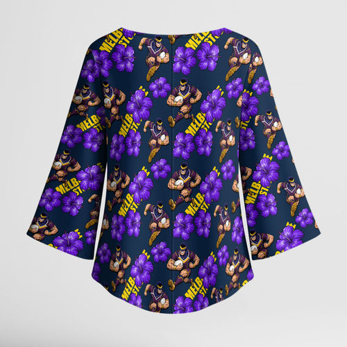 Melbourne Storm Kimono Sleeve Blouse Tropical Hibiscus Floral Seamless Rugby Mascot