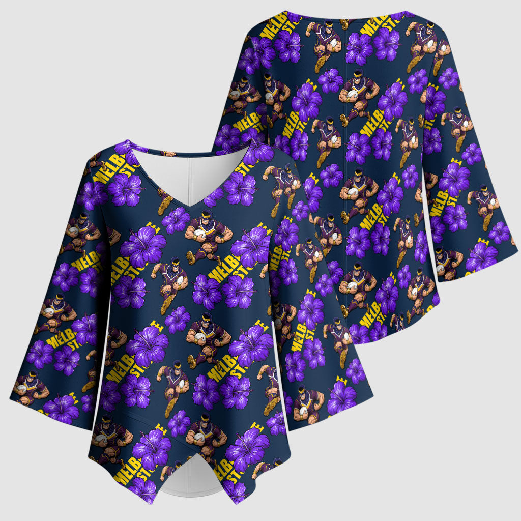 Melbourne Storm Kimono Sleeve Blouse Tropical Hibiscus Floral Seamless Rugby Mascot