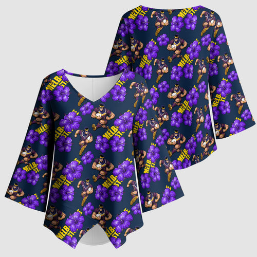 Melbourne Storm Kimono Sleeve Blouse Tropical Hibiscus Floral Seamless Rugby Mascot
