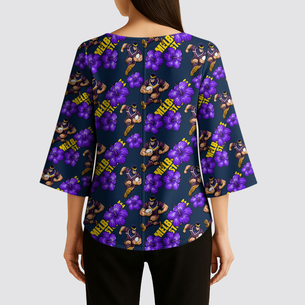 Melbourne Storm Kimono Sleeve Blouse Tropical Hibiscus Floral Seamless Rugby Mascot