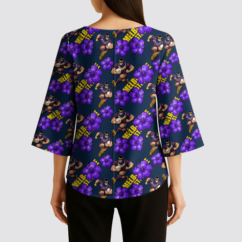 Melbourne Storm Kimono Sleeve Blouse Tropical Hibiscus Floral Seamless Rugby Mascot
