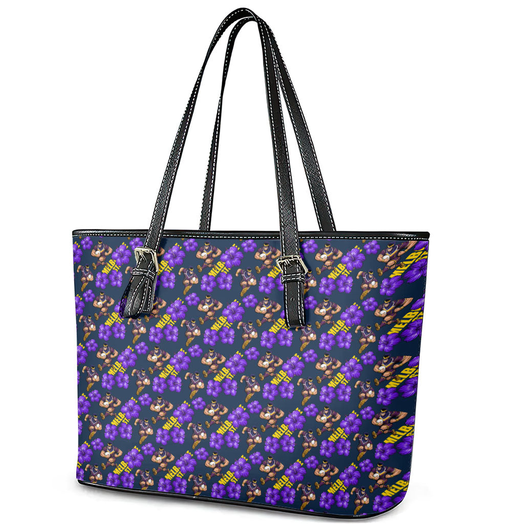 Melbourne Storm Leather Tote Bag Tropical Hibiscus Floral Seamless Rugby Mascot
