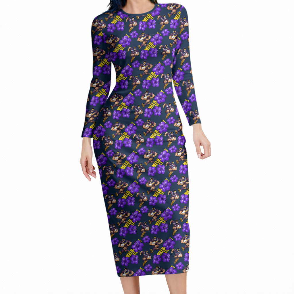 Melbourne Storm Long Sleeve Bodycon Dress Tropical Hibiscus Floral Seamless Rugby Mascot