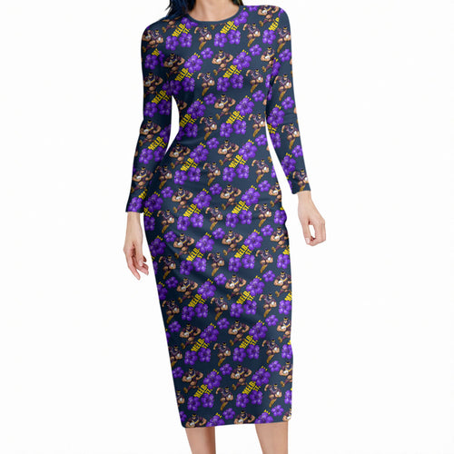 Melbourne Storm Long Sleeve Bodycon Dress Tropical Hibiscus Floral Seamless Rugby Mascot