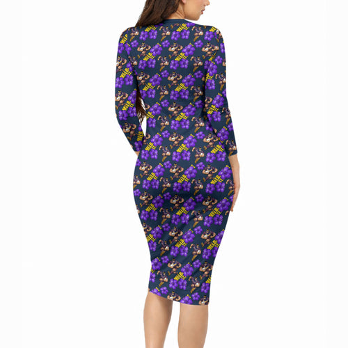 Melbourne Storm Long Sleeve Bodycon Dress Tropical Hibiscus Floral Seamless Rugby Mascot