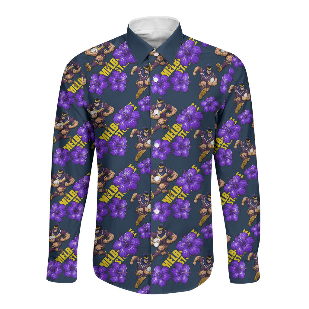 Melbourne Storm Long Sleeve Button Shirt Tropical Hibiscus Floral Seamless Rugby Mascot