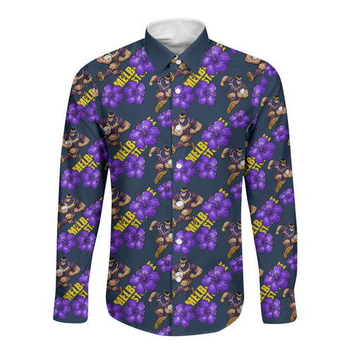 Melbourne Storm Long Sleeve Button Shirt Tropical Hibiscus Floral Seamless Rugby Mascot