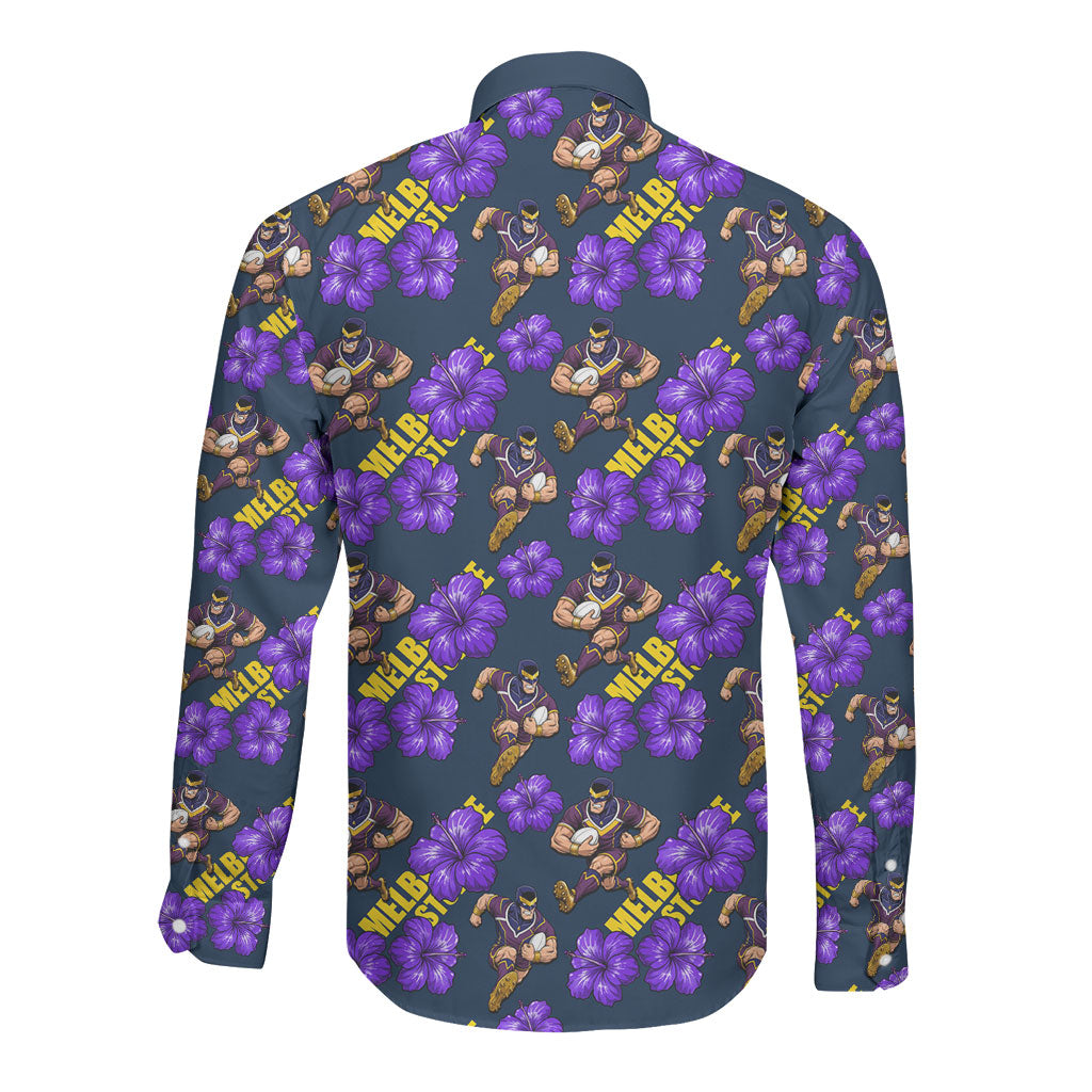 Melbourne Storm Long Sleeve Button Shirt Tropical Hibiscus Floral Seamless Rugby Mascot