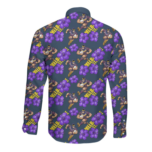 Melbourne Storm Long Sleeve Button Shirt Tropical Hibiscus Floral Seamless Rugby Mascot