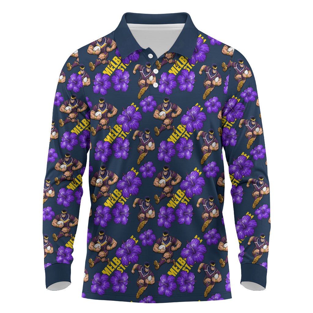 Melbourne Storm Long Sleeve Polo Shirt Tropical Hibiscus Floral Seamless Rugby Mascot