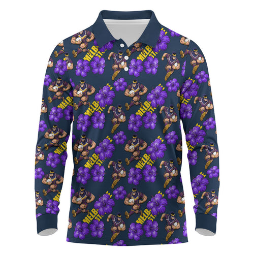 Melbourne Storm Long Sleeve Polo Shirt Tropical Hibiscus Floral Seamless Rugby Mascot
