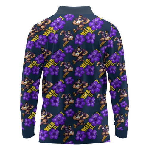 Melbourne Storm Long Sleeve Polo Shirt Tropical Hibiscus Floral Seamless Rugby Mascot