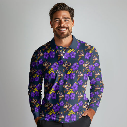 Melbourne Storm Long Sleeve Polo Shirt Tropical Hibiscus Floral Seamless Rugby Mascot