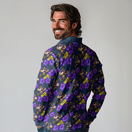 Melbourne Storm Long Sleeve Polo Shirt Tropical Hibiscus Floral Seamless Rugby Mascot