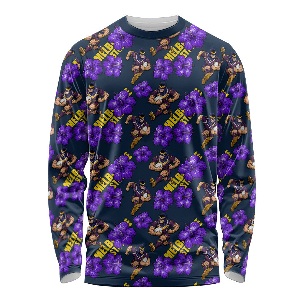 Melbourne Storm Long Sleeve Shirt Tropical Hibiscus Floral Seamless Rugby Mascot