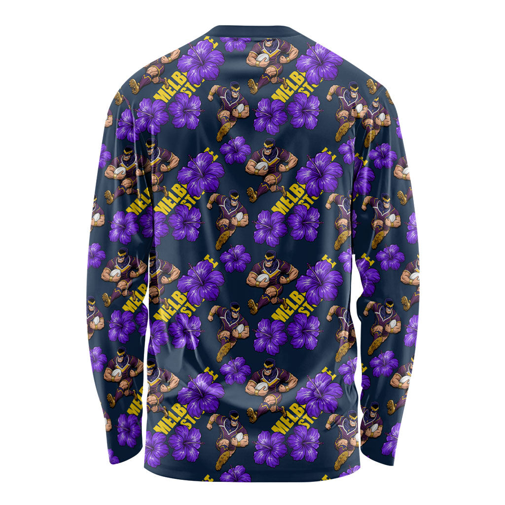 Melbourne Storm Long Sleeve Shirt Tropical Hibiscus Floral Seamless Rugby Mascot