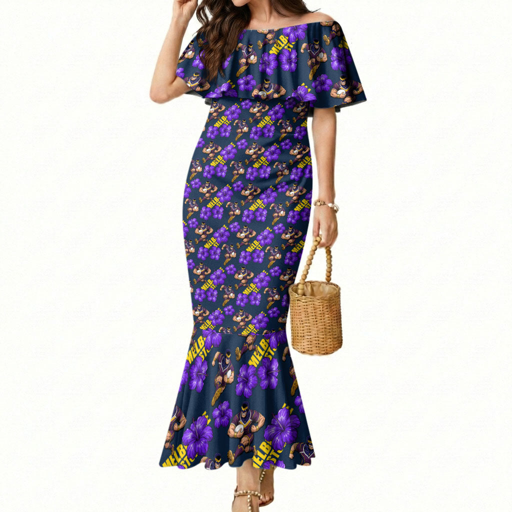 Melbourne Storm Mermaid Dress Tropical Hibiscus Floral Seamless Rugby Mascot