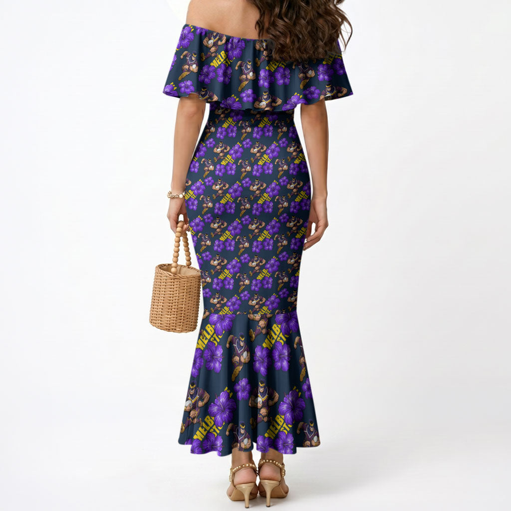 Melbourne Storm Mermaid Dress Tropical Hibiscus Floral Seamless Rugby Mascot