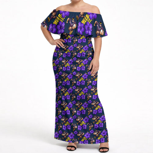 Melbourne Storm Off Shoulder Maxi Dress Tropical Hibiscus Floral Seamless Rugby Mascot