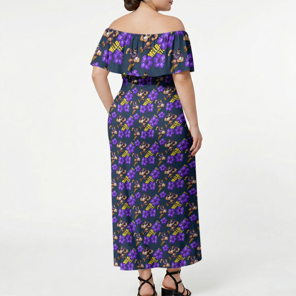 Melbourne Storm Off Shoulder Maxi Dress Tropical Hibiscus Floral Seamless Rugby Mascot